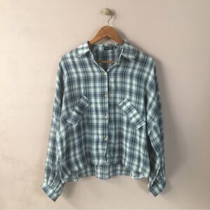 Nasty Gal Cream & Blue Plaid Boxy Cropped Top Size 8 Excellent Condition